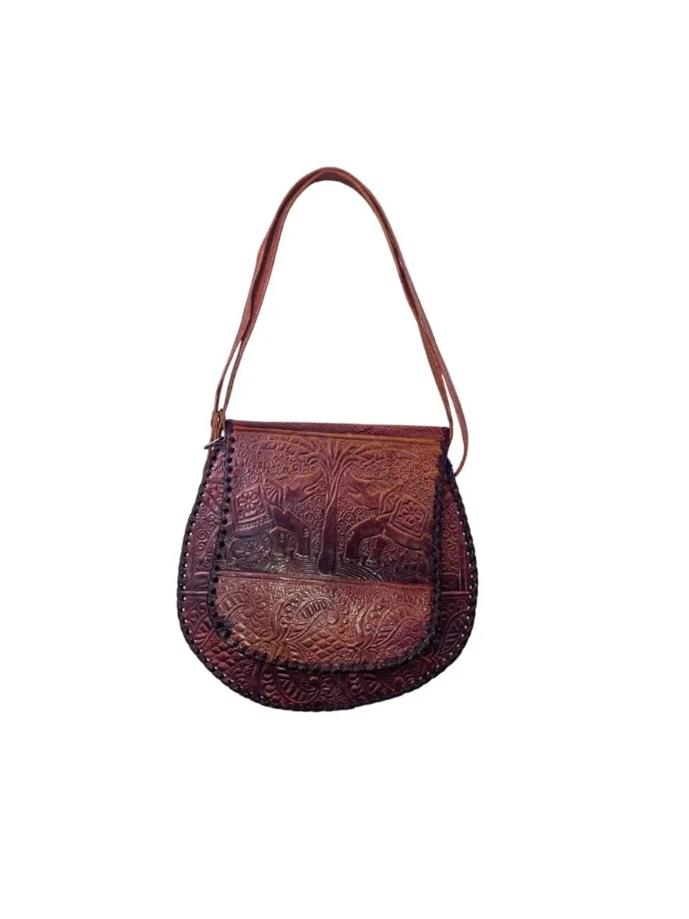 Women’s Brown Elephant & Tree Embossed Leather Shoulder Saddle Bag